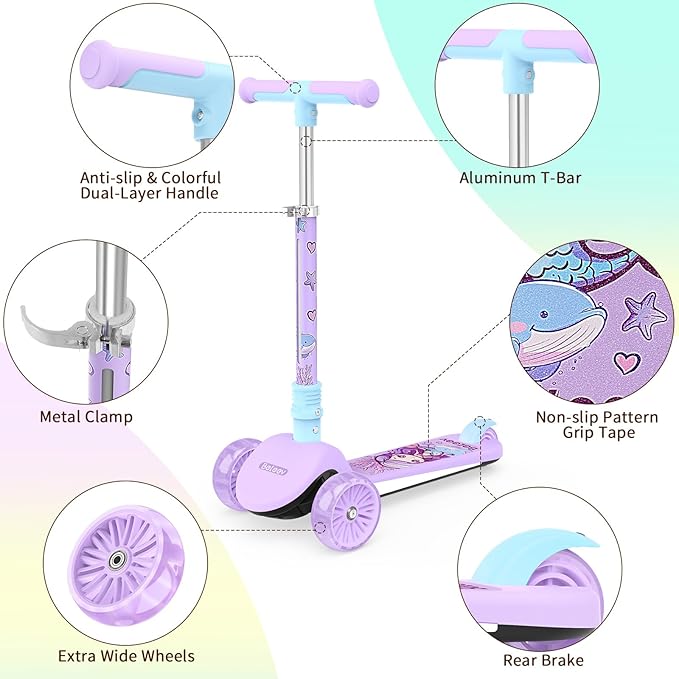 BELEEV A9 Kids Scooter with LED Light-Up Wheels & Deck, 3 Wheel Folding Scooter for Toddlers Girls Boys Ages 3-12, Adjustable Handlebar, Lean to Steer, Extra-Wide Wheels, Kick Scooter for Children
