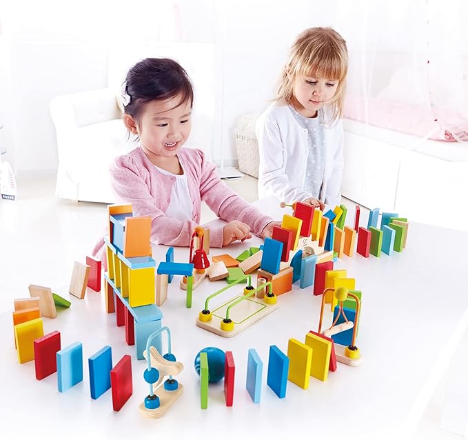 Hape Dynamo Wooden Domino Set Award Winning Domino Racing Building Block Set for Kids, 107 Solid Pieces of Fun Filled Racing, Building and Stacking