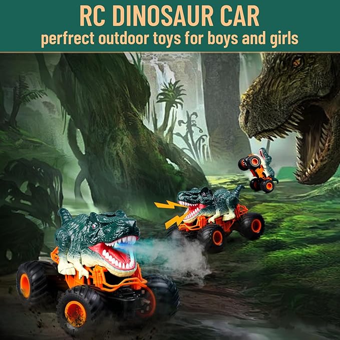 Dinosaur Monster Truck Toys - Remote Control Dinosaur Car, 2.4Ghz RC Truck with Lights, Music & Spray - Electric Hobby RC Cars for Toddlers - Birthday Gift for Kids Boys Girls Ages 2-8 (Green)