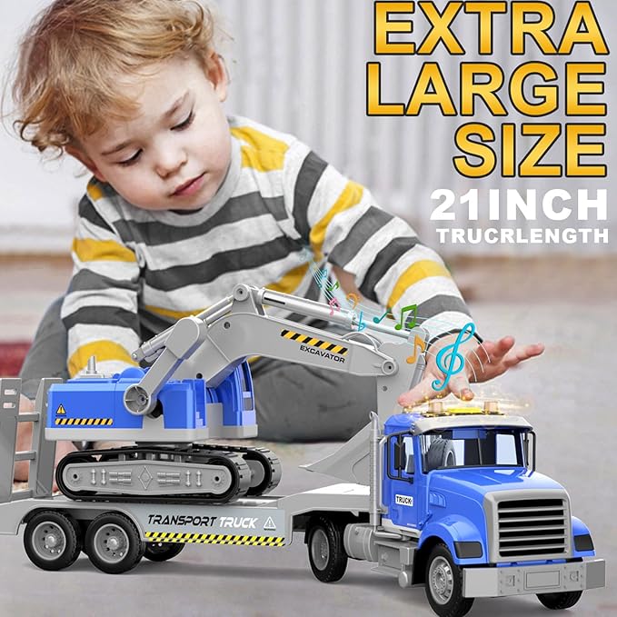 Transports Trucks Kids Toys, 22" Large Semi Truck Toy Carrier and Excavator Truck with Sound&Light,Friction Powered Cars Toys Birthday for Boys Girls 3 4 5 6 7 8