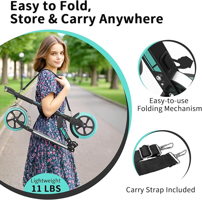 BELEEV V8 Scooters for Kids Ages 6+ with Light-Up Deck, 2 Wheel Folding Scooter for Adults Teens, 4 Adjustable Height, Lightweight Sport Commuter Scooter, Sturdy Frame, Max Load 220 lbs