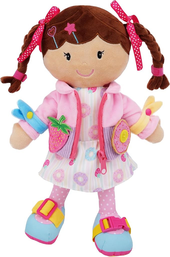 June Garden 15.5" Dressy Friends Daisy - Educational Stuffed Plush Doll for Kids and Toddlers 2 Years and Up - Montessori Buckle Soft Toy