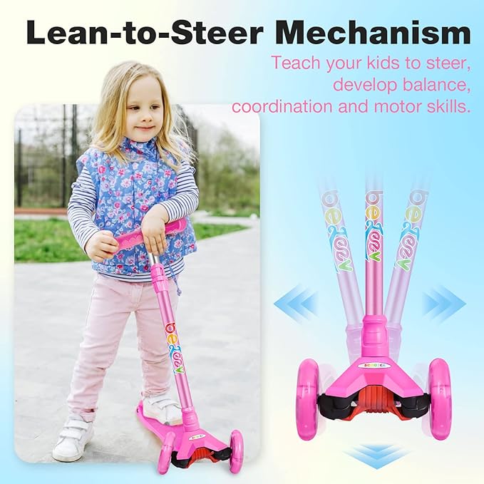 BELEEV A2 Scooters for Kids 3 Wheel Kick Scooter for Toddlers Girls Boys, 4 Adjustable Height, Lean to Steer, Light up Wheels, Extra-Wide Board, Easy to Assemble for Children Gift Sport Toys Ages 3-12