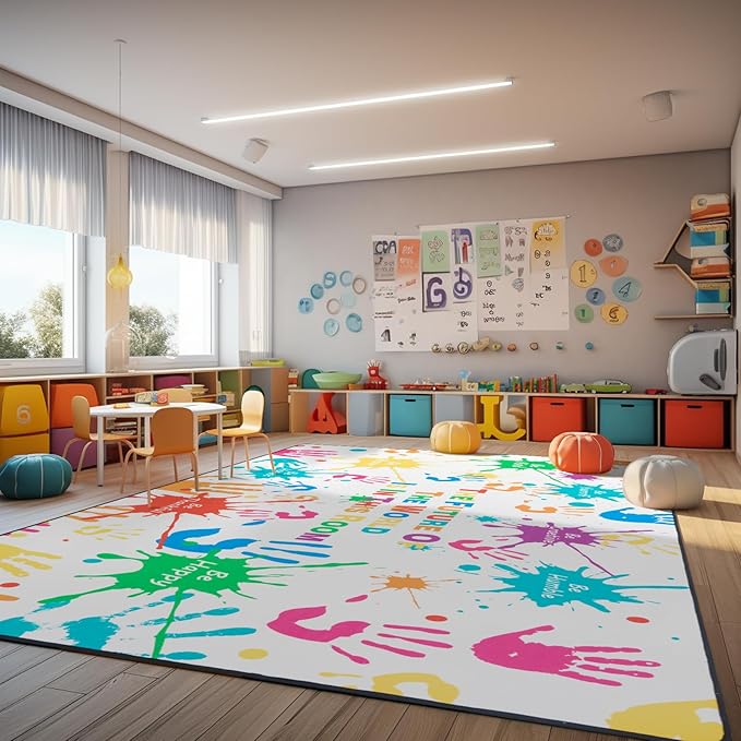 Colorful Handprints Kids Rug for Playroom,Non-Slip Rugs for Babies and Infants,Large Area Rugs for Classroom,Play Rug for Kids Bedrooms,Ultra Soft Carpet Play for Nursery Washable 78.7 X 118.1 inch