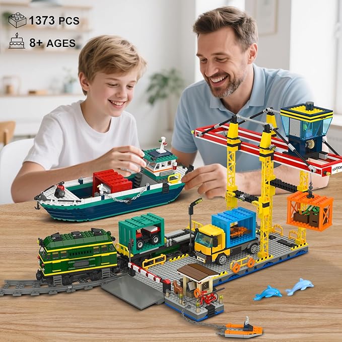 HOGOKIDS City Wharf Building Set with Crane - Includes Ship Train Truck, 4 Containers with Cargo Harbor Building Blocks | Large Construction Toy for for Adults Teens Kids Girls Boys 8-14+（1373PCS）