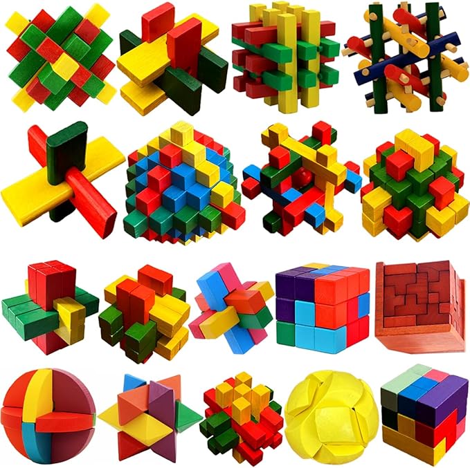 18 Pack Wooden Brain Teaser Puzzles Wooden Burr Puzzles Brain Teaser Puzzle with Gift Packing Box Magic Puzzle Games Toys for Kids and Adults by AHYUAN (Colorful Wood)