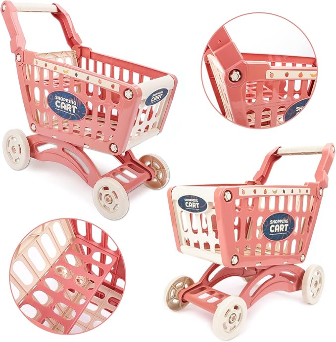 deAO Kids Shopping Cart Trolley for Groceries Toddlers 65 Food Fruit Vegetables Pretend Play Food Role Play Educational Toy Play Kitchen Toys Store Playset (Red)