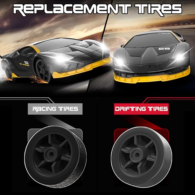 Remote Control Car, 1/24 Scale RC Drift Car, 4WD 15KM/H High Speed RC Cars, Racing Sport Toy Car with LED Lights, Racing Tire, Birthday for Kids Boys Girls, Rechargeable Battery