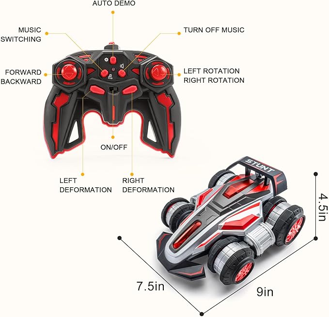 RC Cars, 2.4 GHz Fast Stunt RC Car, 4WD 360° Rotating RC Trucks with lights and music, High Speed Off Road Stunt Truck, upright walking cars, Remote Control Car Toy for 6-12 Boys and Girls(RED)