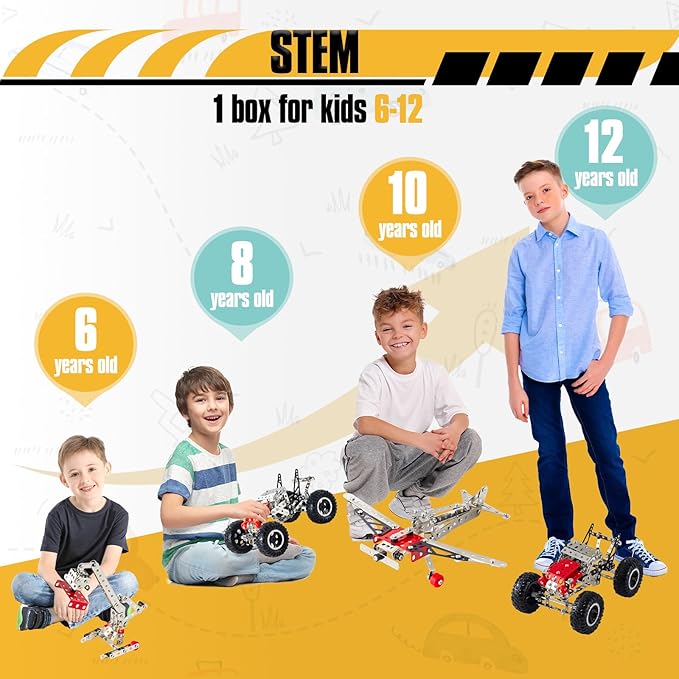 6-in-1 STEM Kit - Engineering Metal Truck, Airplane and Sports Car Excavator Toy for Boys 8-12 - STEM Building Toys for Kids 5-7, 6-8, 8-10 Educational Toys for Kids Boys Model Kit