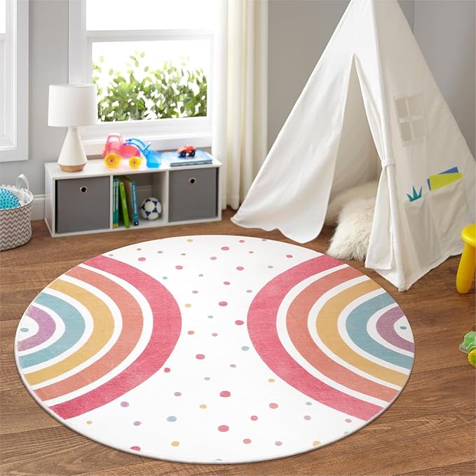 STARUIA Colorful Rainbow Rug for Nursery, 5 Ft Machine Washable Rug for Kids Room, Large Round Rugs for Girls Bedroom, Circle Kids Rug Soft Polka dot Carpet for Classroom Playroom Tent