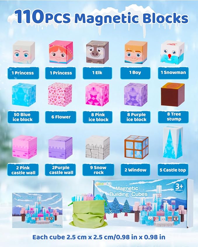 Magnetic Blocks - Magnet Princess Magic Ice World Theme, 110-Pcs Building Toys for Kids Ages 3-9+, Toddler Magnet Toys, STEM Educational Game, Sensory Gift for Boys and Girls