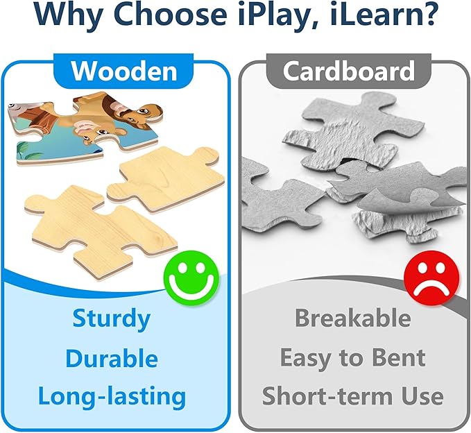 iPlay, iLearn Toddlers Noah's-Ark Wooden Animal Puzzles, Kids Floor Puzzles for Ages 3-5, 4-8, Large 51 Pieces Round Jigsaw Puzzle Educational Toys, Birthday Gift for 6 7 Years Old Boys Girls Children