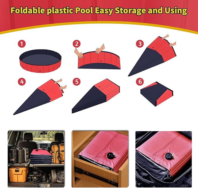 Foldable Dog Pool, 87" x 14" Large Kiddie Pool with Hard Plastic, Non-Slip Dog Bath Tub for Outdoor Backyard, Collapsible Dog Swimming Pool for Kids Dogs Pets (Red)