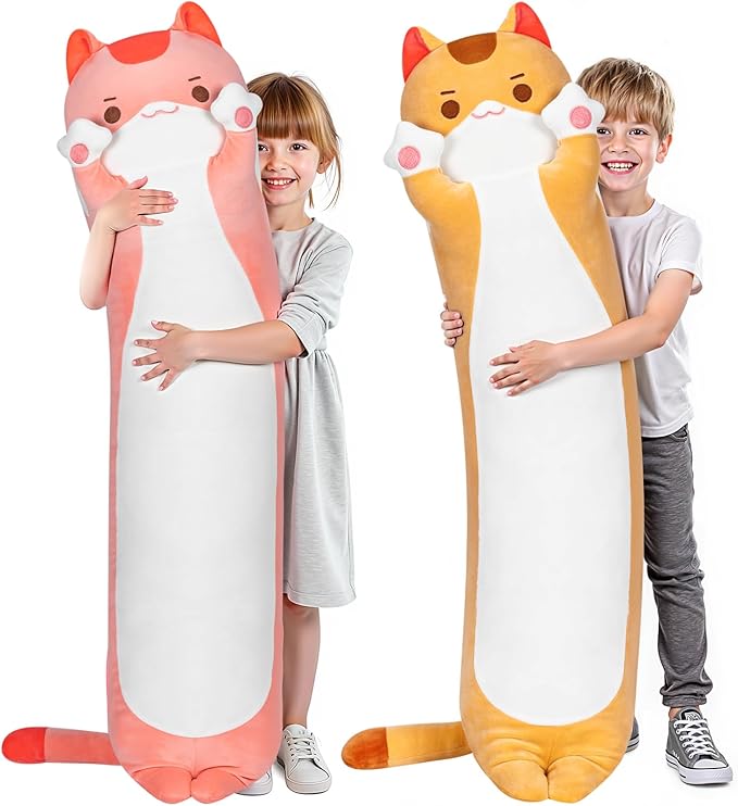 Artist-Designed Ultra Soft Long Cat Plush Body Pillow, Extra Stuffing for Comfort, Premium Quality Stuffed Animal Gift for Girlfriend or Cat Lovers (Pink Cat Body Pillow 36 Inch)