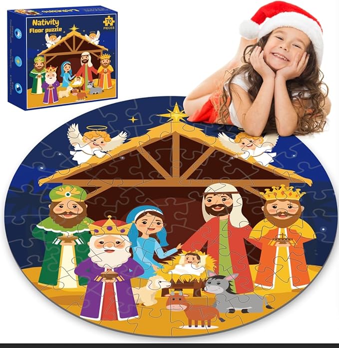 Nativity Scene Floor Puzzles for Kids Age 4-8, 70pcs Large Christmas Nativity Jigsaw Puzzles Educational Kids Puzzles Ages 3-6 for Kids Boys Girls