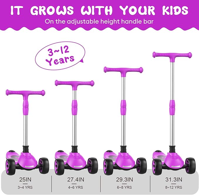 Kids Scooter,LED Lighted Wheels and 3 Adjustable Height Handlebars Scotters for Kids 3-12,3 Wheel 2-in-1 Toddler Kick Scotter for Boys & Girls up to 132 Lbs.