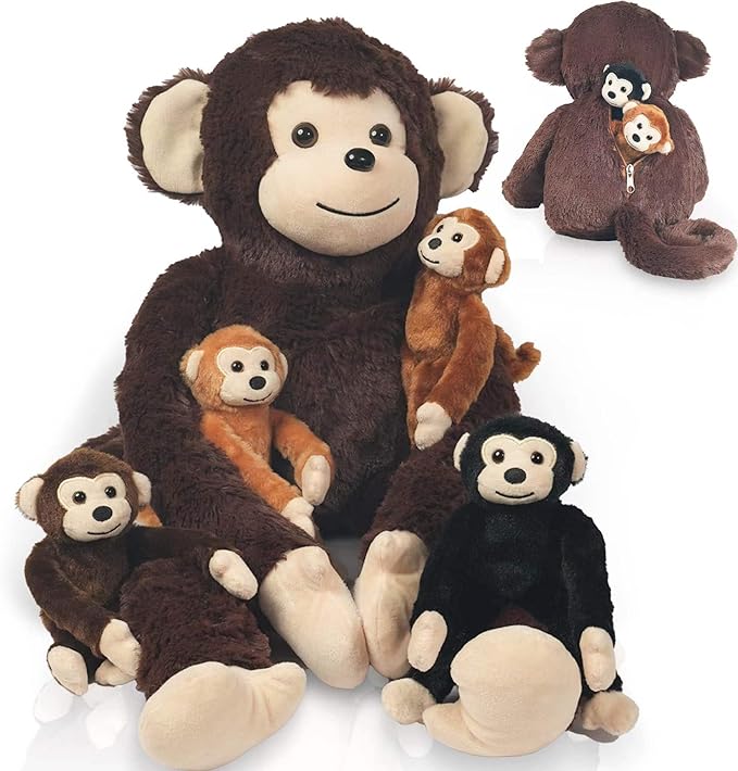 5 Pcs Monkey Stuffed Animal with Babies, Huggable Mom and 4 Baby Stuffed Monkey Plush Toys Cute Stuffed Monkeys Doll Set Christmas Birthday Party Easter Stuffers Gifts for Kids Girls Boys