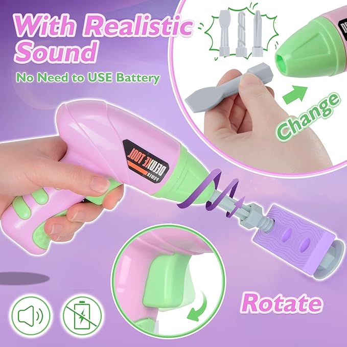 Kids Tool Set - Toddler Tool Playset with Toy Drill, Toy Tool Box, Construction Tools - Pretend Play Toddler Girl Toys Gifts for Toddlers Kids Aged 3 4 5 6 (Pink Tools)