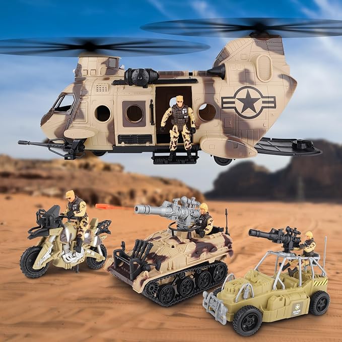 deAO Military Helicopter Toys Set Army Men Playset, Army Toys with Soldier Action Figures, Combat Truck, Motorcycle, Army Tank, Aircraft with Lights&Sound, Christmas Birthday Gifts for Kids Boys