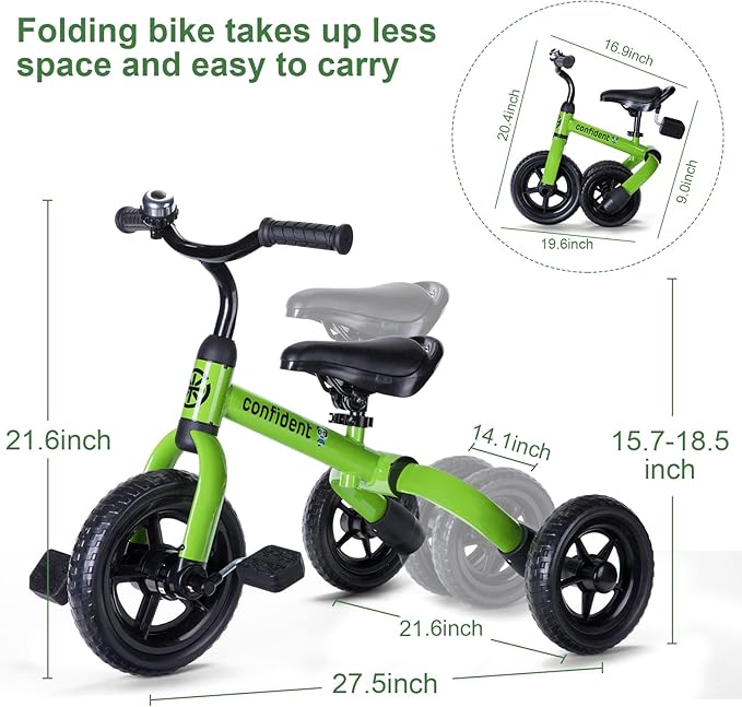 XPIY Tricycle for Toddlers Age 2-5 Years Old, 3 in 1 Folding Toddler Bike for Boys and Girls, Kids' Bike Trike with Detachable Pedal and Adjustable Seat (Green)