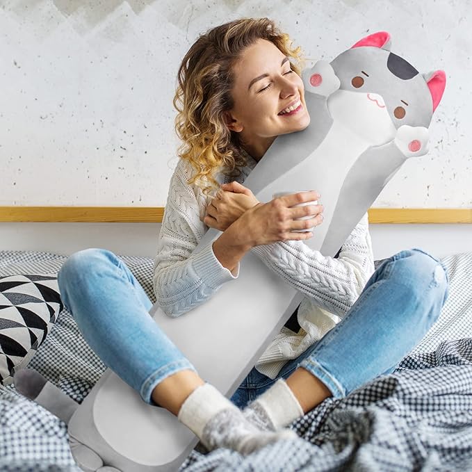 Long Cat Plush Cat Body Pillow, 44 Inch Cute Gray Cat Stuffed Animals Soft Plushies, Kitten Kawaii Plush Throw Pillow Doll Toy Gift for Girlfriend