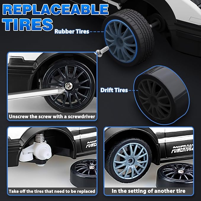 Remote Control Car RC Drift Car, 1/24 RC Car 2.4GHz 4WD RC Drift Racing Car High Speed RC Cars with Cool Lights, Rechargeable Battery and Extra Tires Toys for Kids (White)