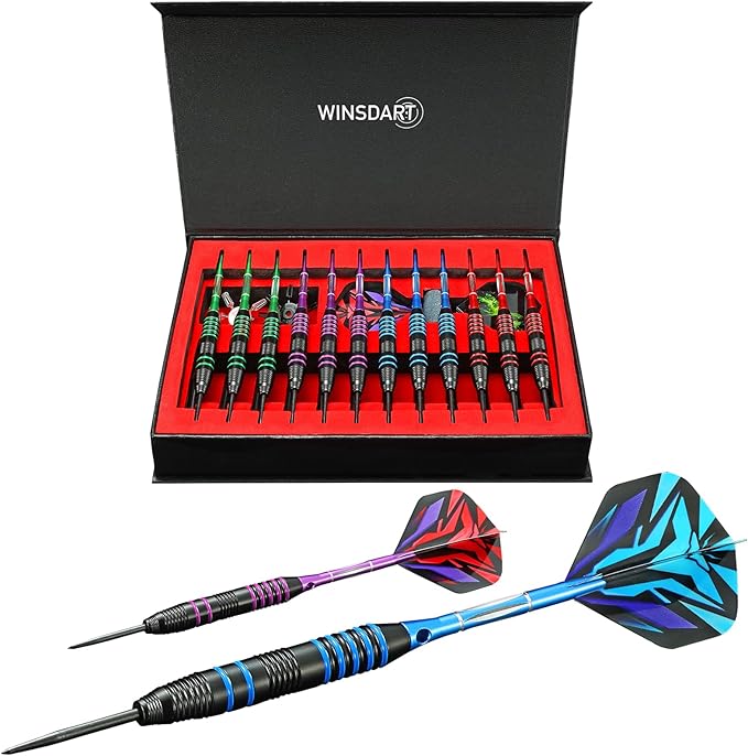 Darts Metal Tip Set Professional Metal Darts for Dartboard Steel Tip Darts with Nonslip Iron Barrel Aluminum Dart Shafts,Extra Flights,Dart Sharpener,Gift Box