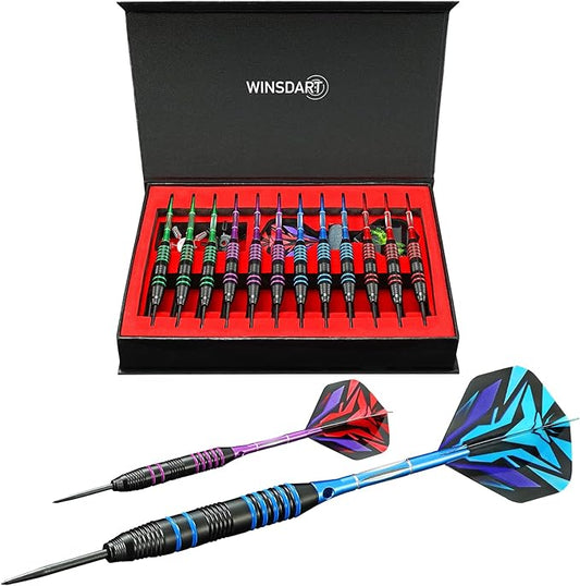 Darts Metal Tip Set Professional Metal Darts for Dartboard Steel Tip Darts with Nonslip Iron Barrel Aluminum Dart Shafts,Extra Flights,Dart Sharpener,Gift Box