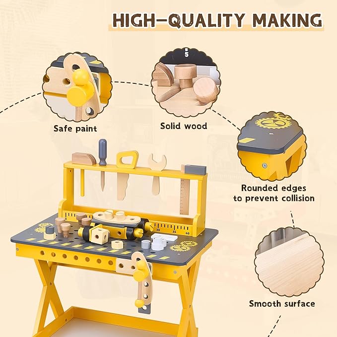 Kids Tool Bench with Sturdy Wood, Toddler Workbench with Realistic Toy Construction Set, Toy Tools Set and Multiple Ceative Pieces for 3-6 Year Old Boys and Girls, Yellow