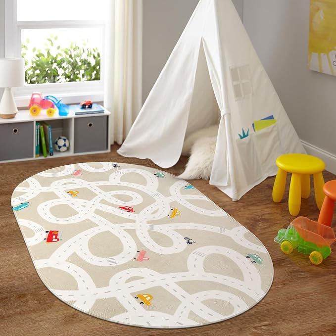 LIVEBOX 4'x6' Toy Car Rug for Kids Room, Machine Washable Area Rug, Non-Slip Road Mat for Playroom, Educational Car Playmat for Nursery, Skin-Friendly Carpet for Bedroom, School