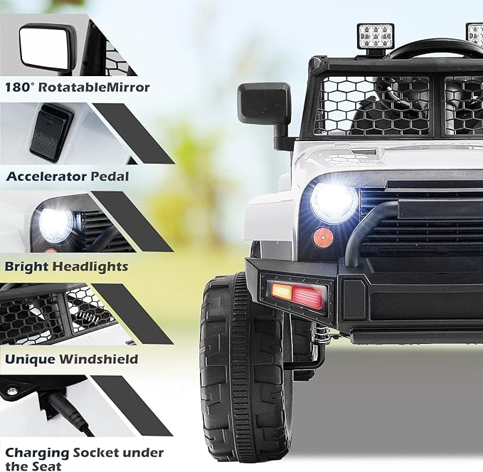 Costzon Ride on Car, 12V Battery Powered Truck Vehicle with Remote Control, Spring Suspension, Headlights, Music, Horn, MP3, USB & Aux Port, Gift for Boys Girls, Electric Car for Kids (White)