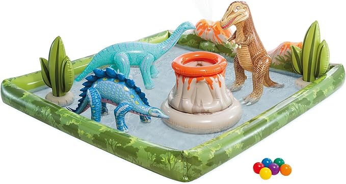 INTEX Jurassic Adventure Inflatable Kiddie Pool with Water Sprayer, Slide & Dinosaurs - 79" x 79" x 14" - Ages 2+