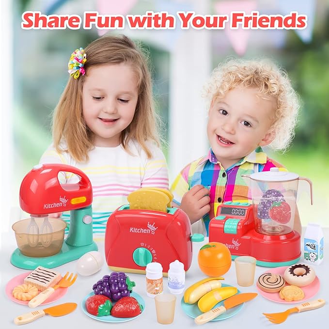 CUTE STONE Toy Appliances Playset, Kids Mixer and Blender with Sound & Lights, Toaster, Cutting Play Food, Toddler Kitchen Accessories Set for Boys & Girls