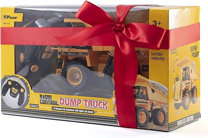Top Race Remote Control Dump Truck - 5-Channel Electric Radio Control Construction Vehicles - Realistic Toy with Lights and Sounds for Kids 5 Up - Car Truck for Indoor, Outdoor (Plastic)