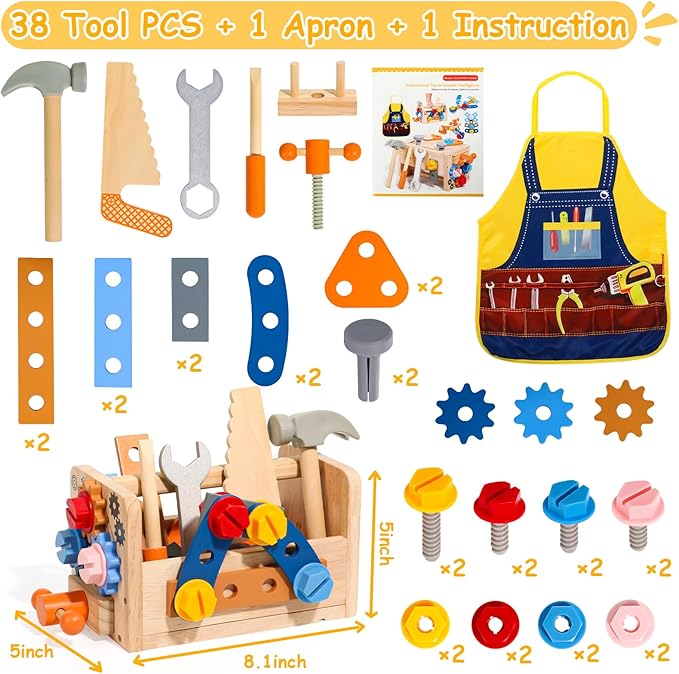 TONZE Kids Tool Set with Apron, Wooden Toddler Tool Bench Montessori Toys for 2+Year Old 39 PCS Educational STEM Construction Toys for Ages 2-4 Pretend Play Toddler Toys 3 4 5 Year Old Birthday Gift