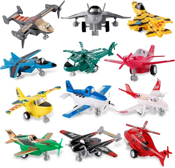 Liberty Imports Pull Back Airplanes Toys Vehicle Playset, Variety Pack of Helicopters, Stealth Bombers, Fighter Jets, Aircraft, Planes for Kids Toddlers Party Favors (12 Pack)