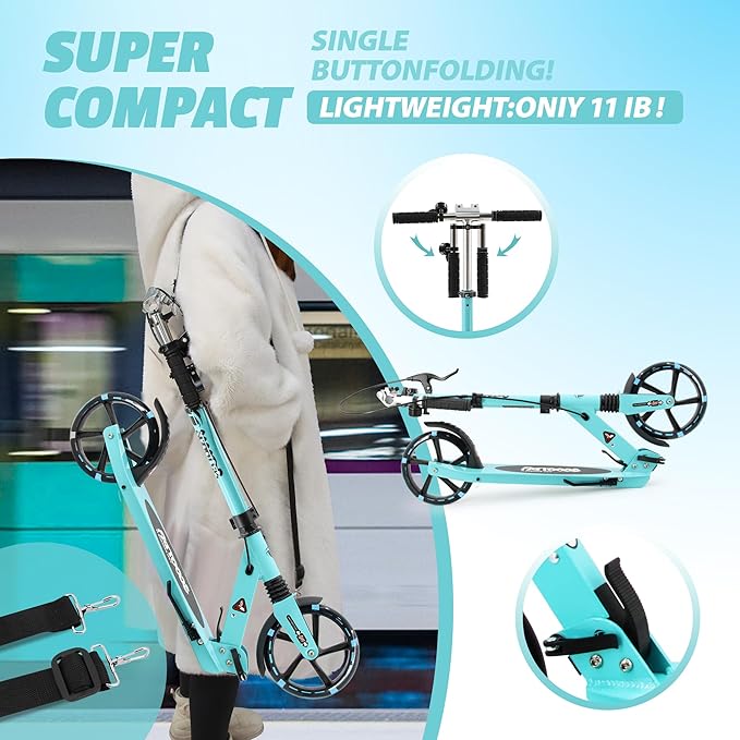 Scooter for Kids Ages 8+ Teens & Adults, Lightweight Kick Scooter with Carry Strap Adjustable Height Equipped with Front handbrake and Rear Brake, Big Sturdy PU Flash Wheels Great Gift & Toy