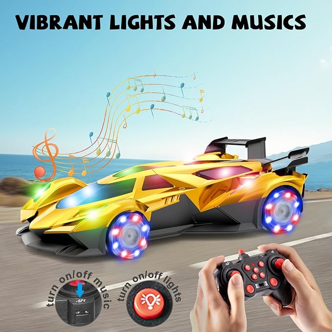 SASBSC Lambo Remote Control Car for Boys 4-7 8-12 Rc Cars with 360° Rotation, Spray, Music & Lights 1:12 Rechargeable Rc Car Toys 10-12km/h Sport Race Toy Cars Gifts for Kids (Gold)