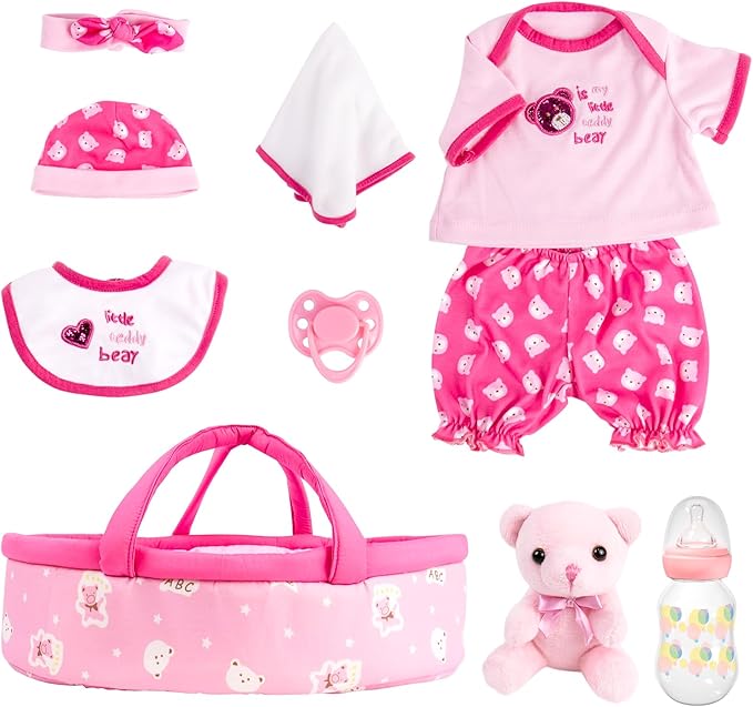Aori 10 Pcs Reborn Baby Dolls Clothes Set with Pink Bassinet for 16-18 Inch Baby Doll, Carrier Bed and Baby Doll Clothes Outfit Accessories fit Newborn Baby Girl