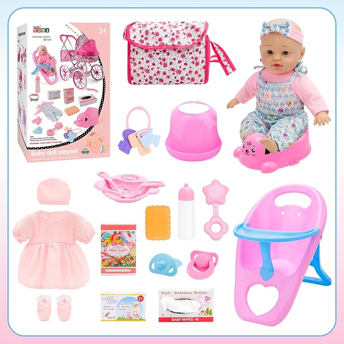 deAO Baby Doll Stroller Set High Chair Travel Diaper Bag with 12 inch Baby Doll Accessories Pretend Play Toys with Foldable Stroller 2 Sets Doll Clothes Birthday Gift for Girls Boys Toddler Kids