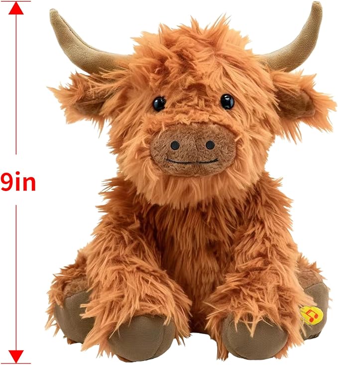 Music Highland Cow Stuffed Animal with Sound, Farm Cow Toy with ''Moo''Sound, Soft Farm Animal Cattle Plushie Doll Festival Presents for Adults Kids Boys Girls (Brown)