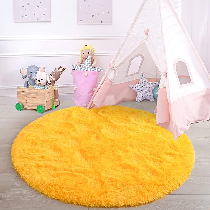 junovo Round Rug 4x4 Feet Fluffy Soft Area Rugs for Kids Girls Room Princess Castle Plush Shaggy Carpet Cute Circle Nursery Rug for Kids Girls Bedroom Baby Room Home Decor Circular Carpet, Orange