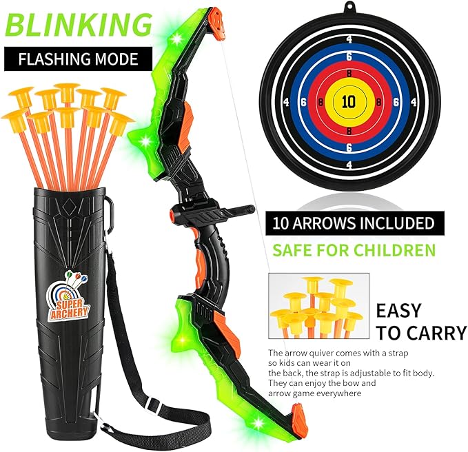 ASMAD Kids Bow and Arrow Set, LED Light Up Archery Toy Set, 10 Suction Cup Arrows, Target & Quiver, Indoor and Outdoor Kids Toys for Children Boys Girls, Christmas Birthday Gifts for Kids