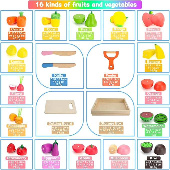 Wooden Play Food Sets for Kids Kitchen Fake Food Cutting Fruit and Vegetables Pretend Play Toddler Toys Food Montessori Toys for 3 4 5 6 7 Years Old Gifts for Boys and Girls