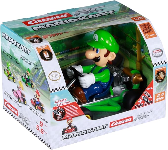 Carrera 200984P RC Official Licensed Mario Kart Pipe Kart Luigi1:18 Scale 2.4 Ghz Remote Radio Control Car with Rechargeable LiFePO4 Battery - Kids Toys Boys/Girls