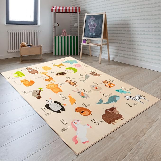 Booooom Jackson ABC Kids Classroom Rugs - 5'x6'6" Educational Numbers and Animal Carpet for Preschool, Classroom, and Kid's Room Safety and Learning - Alphabet Rug for Boys and Girls