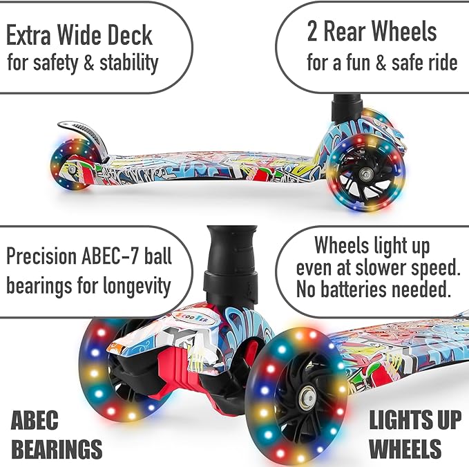 Scooters for Kids 3 Wheel Kick Scooter for Toddlers Girls & Boys, 4 Adjustable Height, Lean to Steer, Extra-Wide Deck, Light Up Wheels for Children from 3 to 14 Years Old