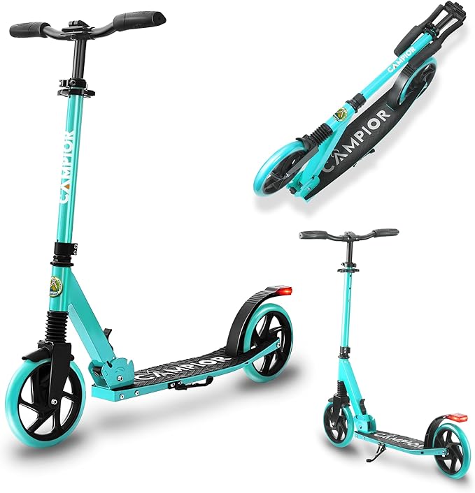 Kick Scooter for Ages 6+, for Kids, Teens, and Adults, Max Load 240 LBS, Foldable, 8-inch Big Wheels for Kids and Adults, with Kickstand, 3 Adjustable Levels, Child Safety Approved, Aqua