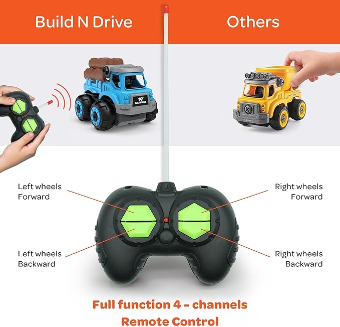 3-in-1 Build N Drive RC Truck - Take Apart Toy Building Kit for Boys - 20pc STEM Set, Car Building Toys for Kids 3-6 - Tow, Log Carrier and Cargo Trucks